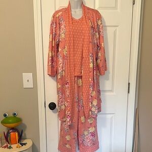 Flora Nikrooz Floral 3pc Pajama Set Matching Robe Tank Top Peach Yellow Medium